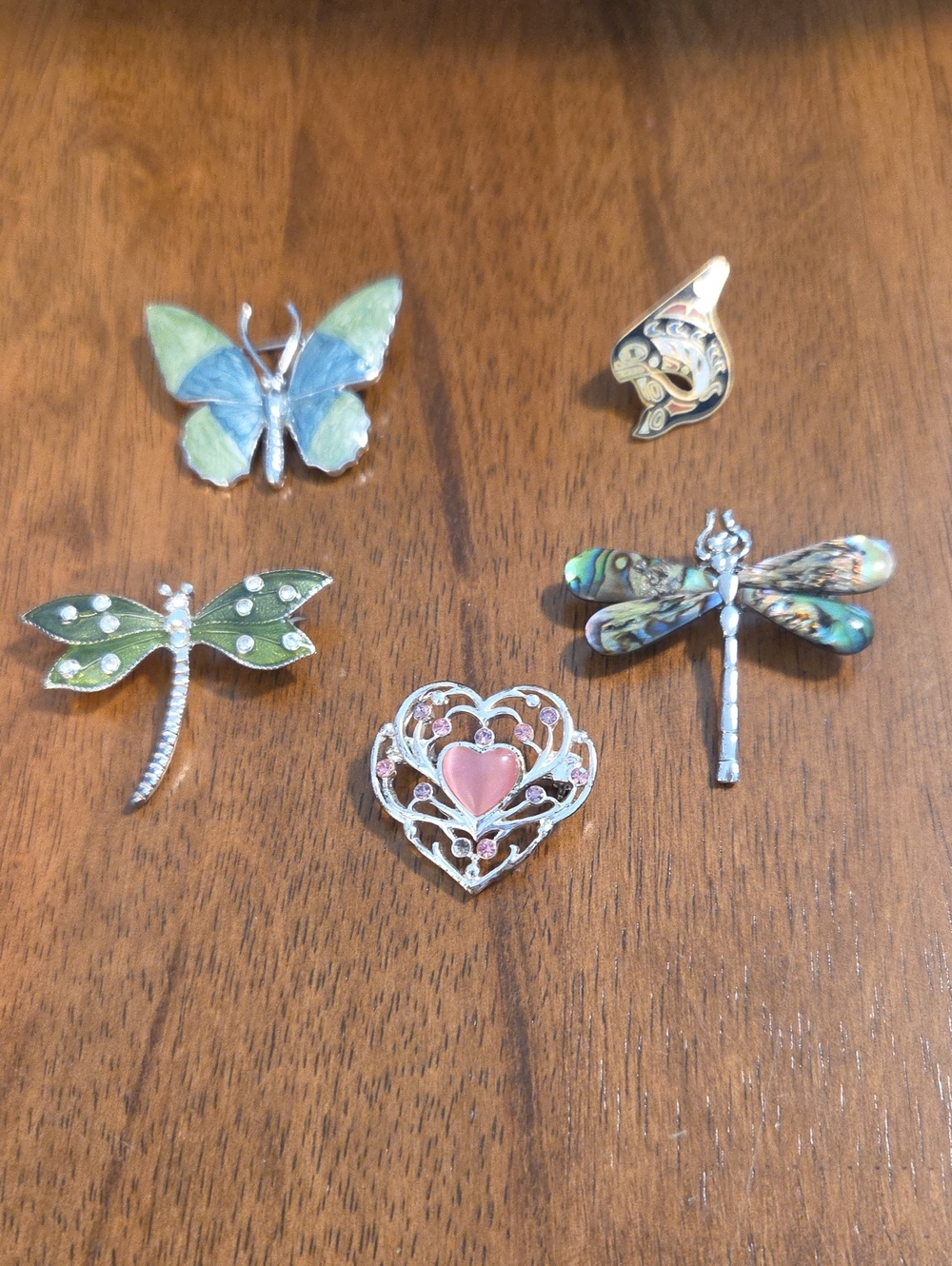 Enamel Butterfly, Dragonfly & Heart Brooch Set - Pink & Green
